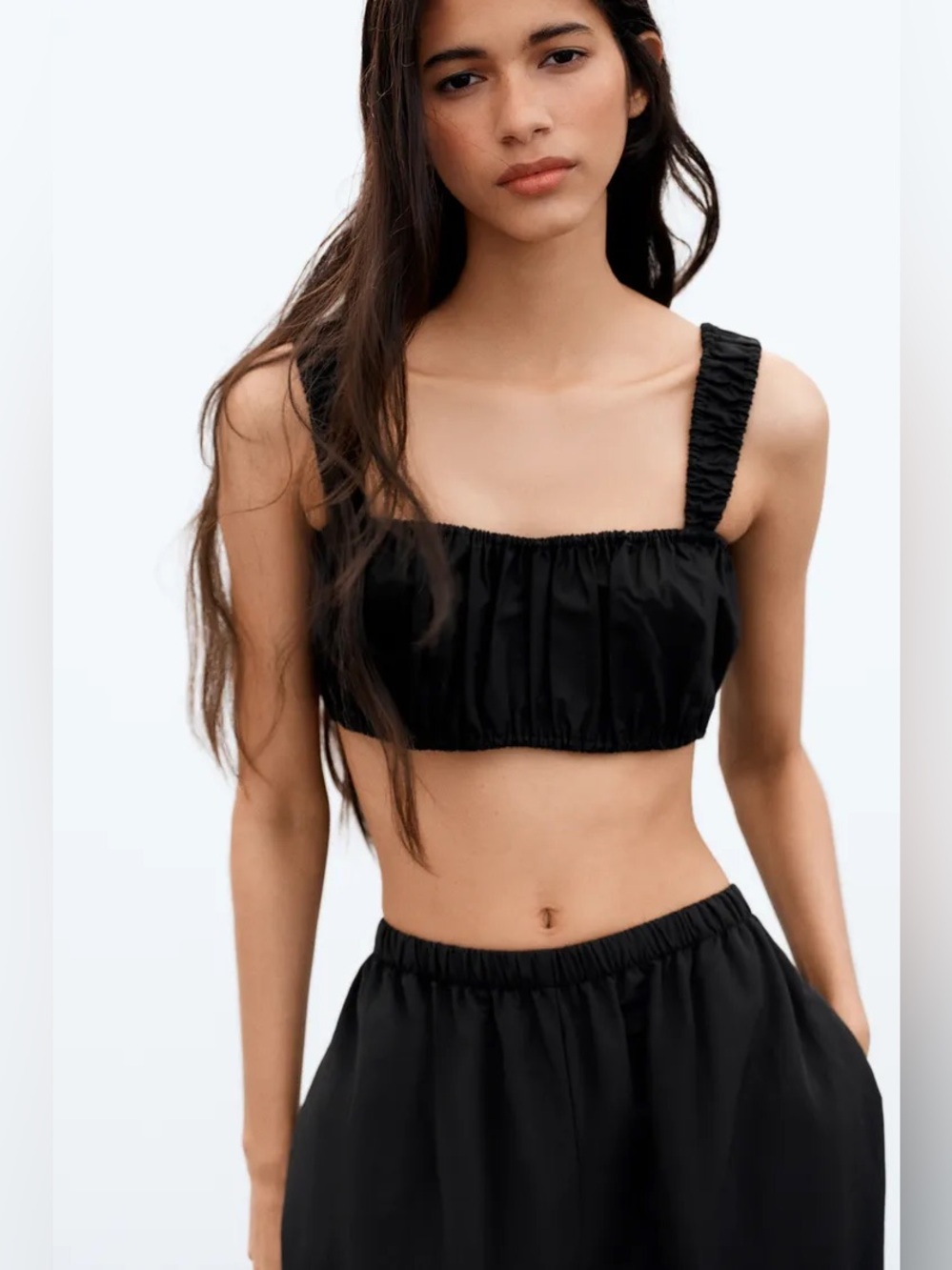 Black Ruched Square Neck POPLIN  TOP . POP